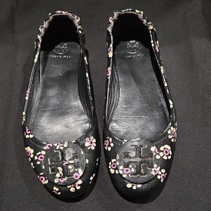 Tory Burch Minnie Travel Patent Leather Black Floral Flats